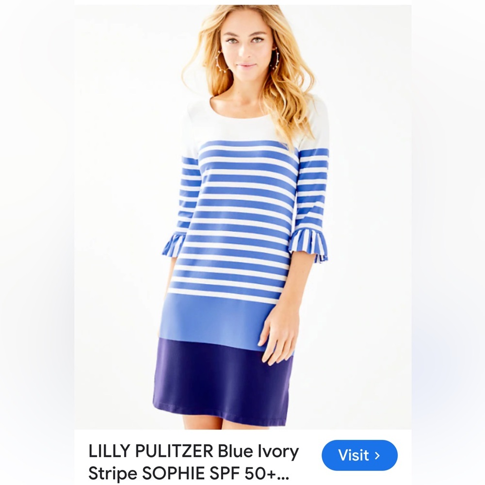 LILLY PULITZER Blue Ivory Stripe SOPHIE Ruffle Knit Dress, size Small